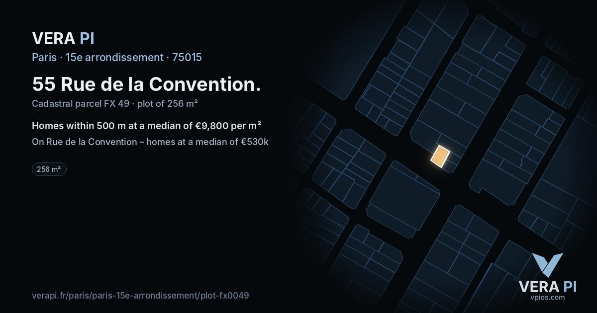 55 Rue de la Convention, 15e arrondissement at night – the plot lit, the parcels around coloured by the prices near them