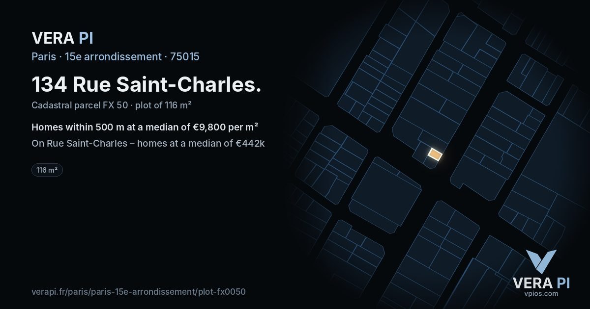 134 Rue Saint-Charles, 15e arrondissement at night – the plot lit, the parcels around coloured by the prices near them