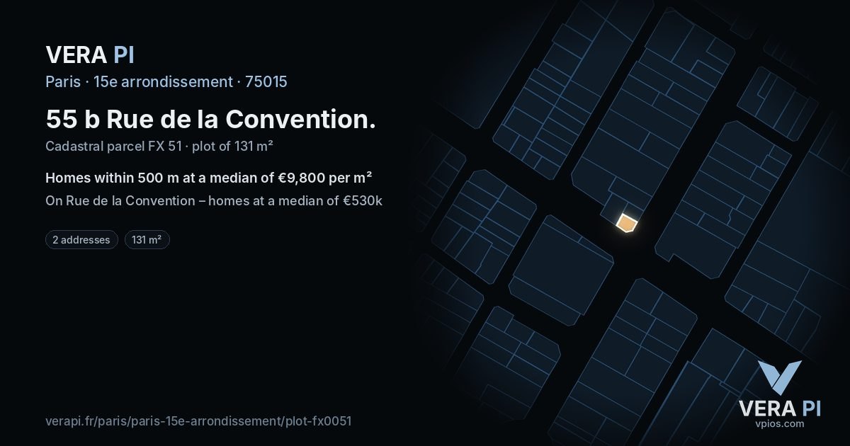 55 b Rue de la Convention, 15e arrondissement at night – the plot lit, the parcels around coloured by the prices near them