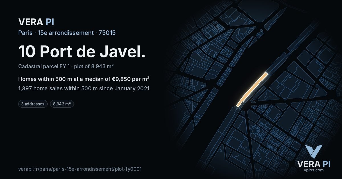 10 Port de Javel, 15e arrondissement at night – the plot lit, the parcels around coloured by the prices near them