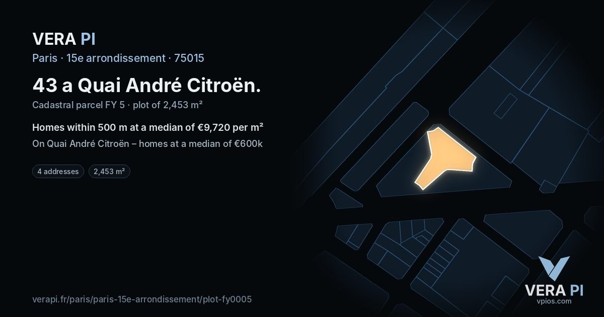 43 a Quai André Citroën, 15e arrondissement at night – the plot lit, the parcels around coloured by the prices near them