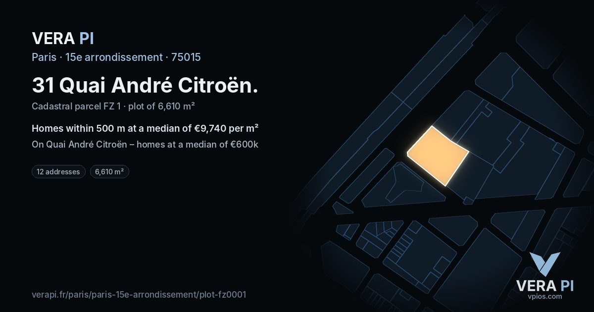 31 Quai André Citroën, 15e arrondissement at night – the plot lit, the parcels around coloured by the prices near them