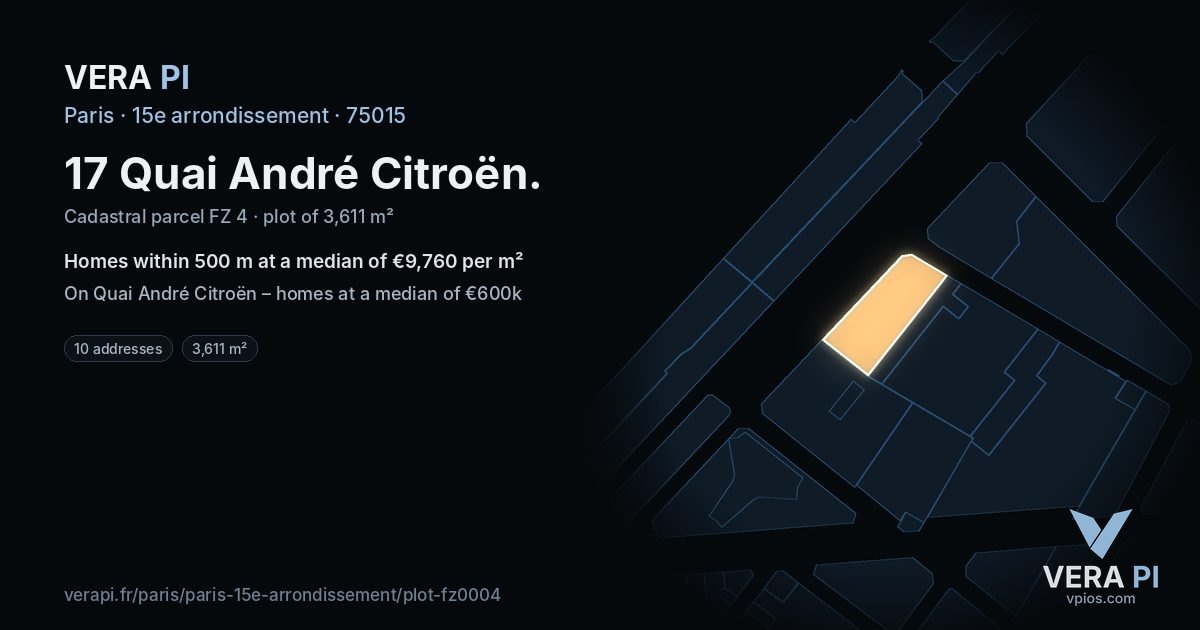 17 Quai André Citroën, 15e arrondissement at night – the plot lit, the parcels around coloured by the prices near them