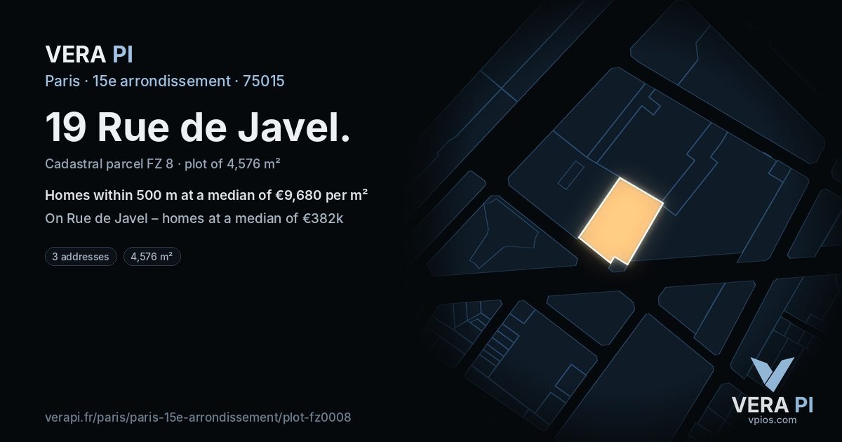 19 Rue de Javel, 15e arrondissement at night – the plot lit, the parcels around coloured by the prices near them