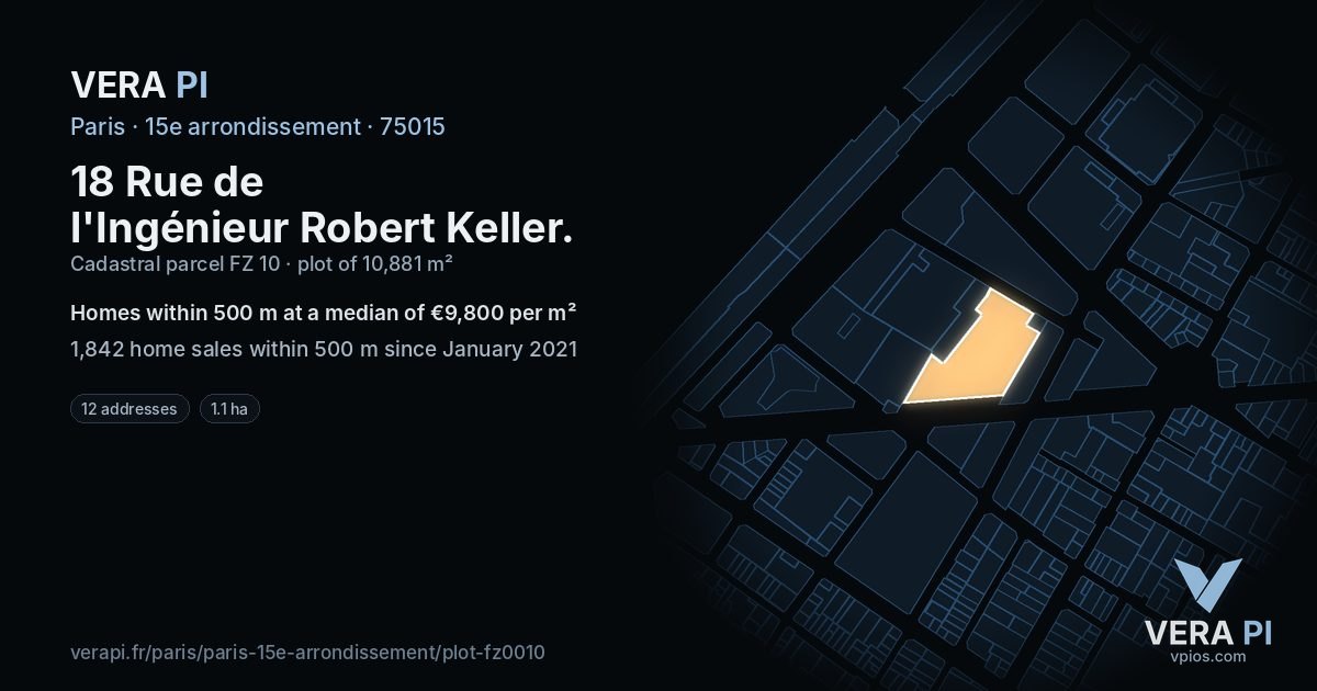 18 Rue de l'Ingénieur Robert Keller, 15e arrondissement at night – the plot lit, the parcels around coloured by the prices near them