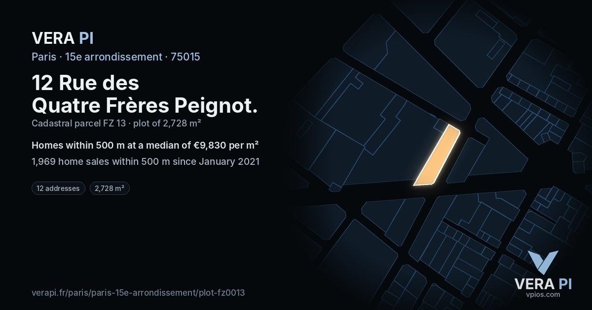 12 Rue des Quatre Frères Peignot, 15e arrondissement at night – the plot lit, the parcels around coloured by the prices near them