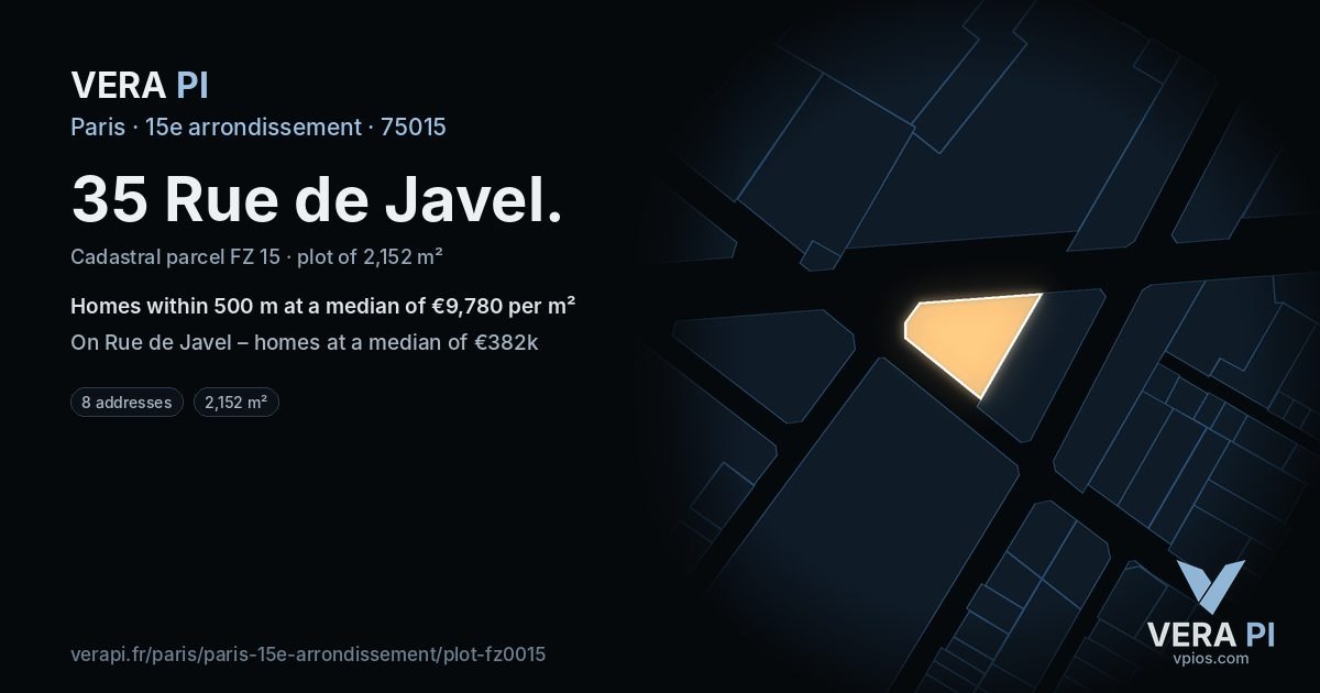 35 Rue de Javel, 15e arrondissement at night – the plot lit, the parcels around coloured by the prices near them