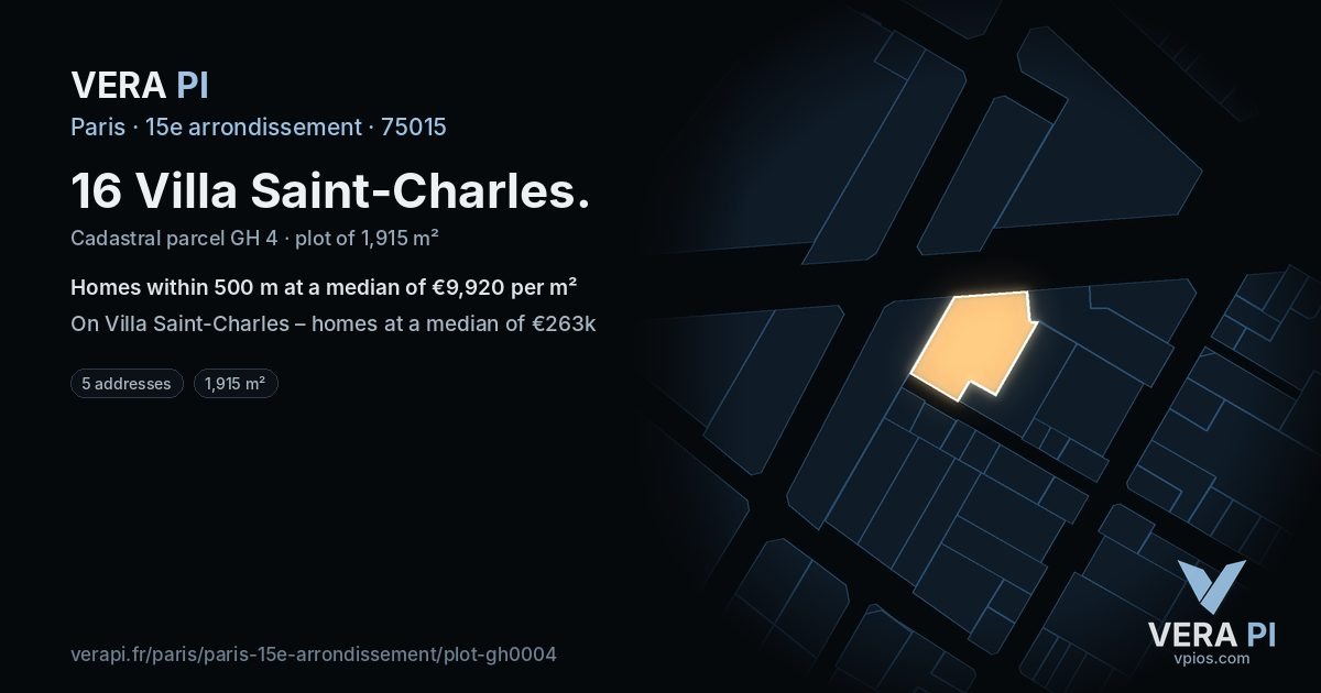 16 Villa Saint-Charles, 15e arrondissement at night – the plot lit, the parcels around coloured by the prices near them