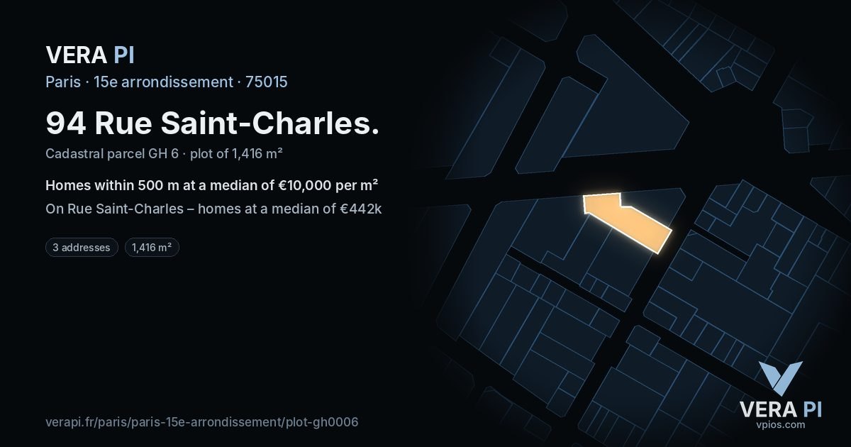 94 Rue Saint-Charles, 15e arrondissement at night – the plot lit, the parcels around coloured by the prices near them