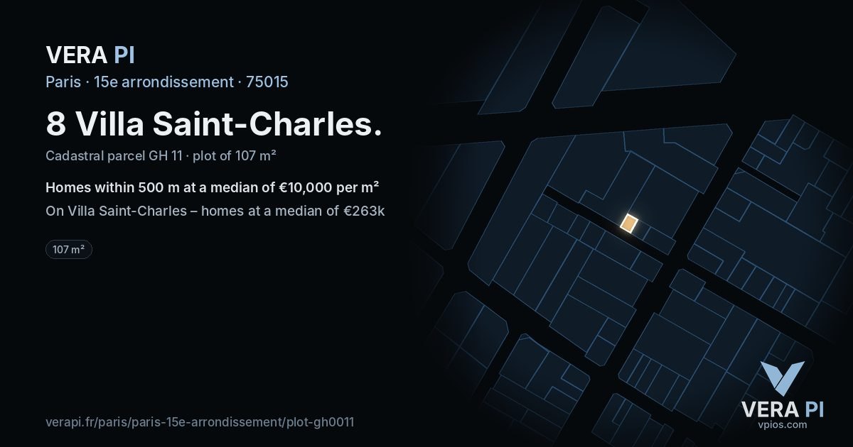 8 Villa Saint-Charles, 15e arrondissement at night – the plot lit, the parcels around coloured by the prices near them