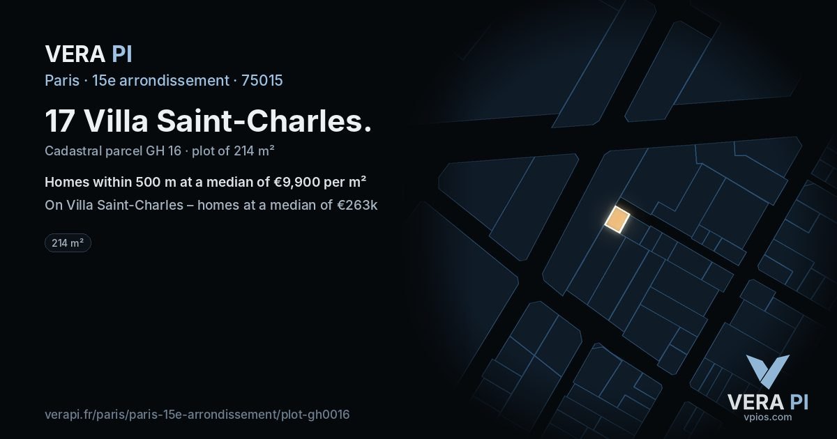 17 Villa Saint-Charles, 15e arrondissement at night – the plot lit, the parcels around coloured by the prices near them