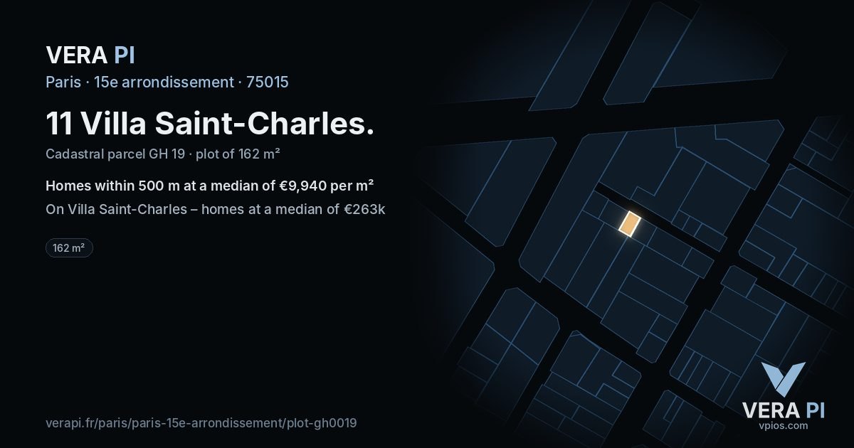 11 Villa Saint-Charles, 15e arrondissement at night – the plot lit, the parcels around coloured by the prices near them