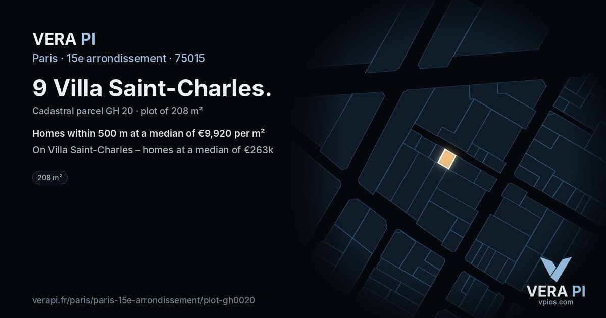 9 Villa Saint-Charles, 15e arrondissement at night – the plot lit, the parcels around coloured by the prices near them