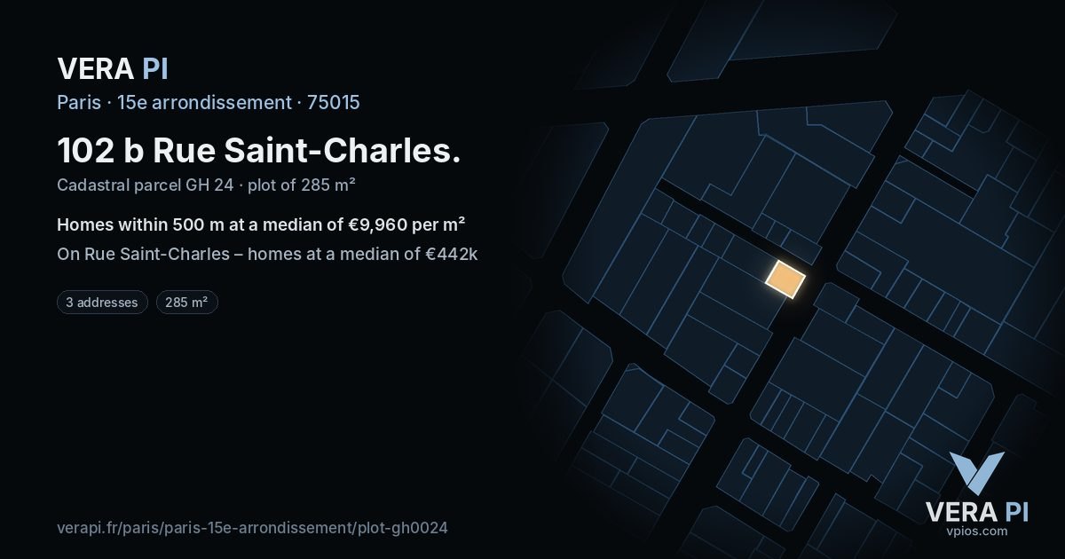 102 b Rue Saint-Charles, 15e arrondissement at night – the plot lit, the parcels around coloured by the prices near them