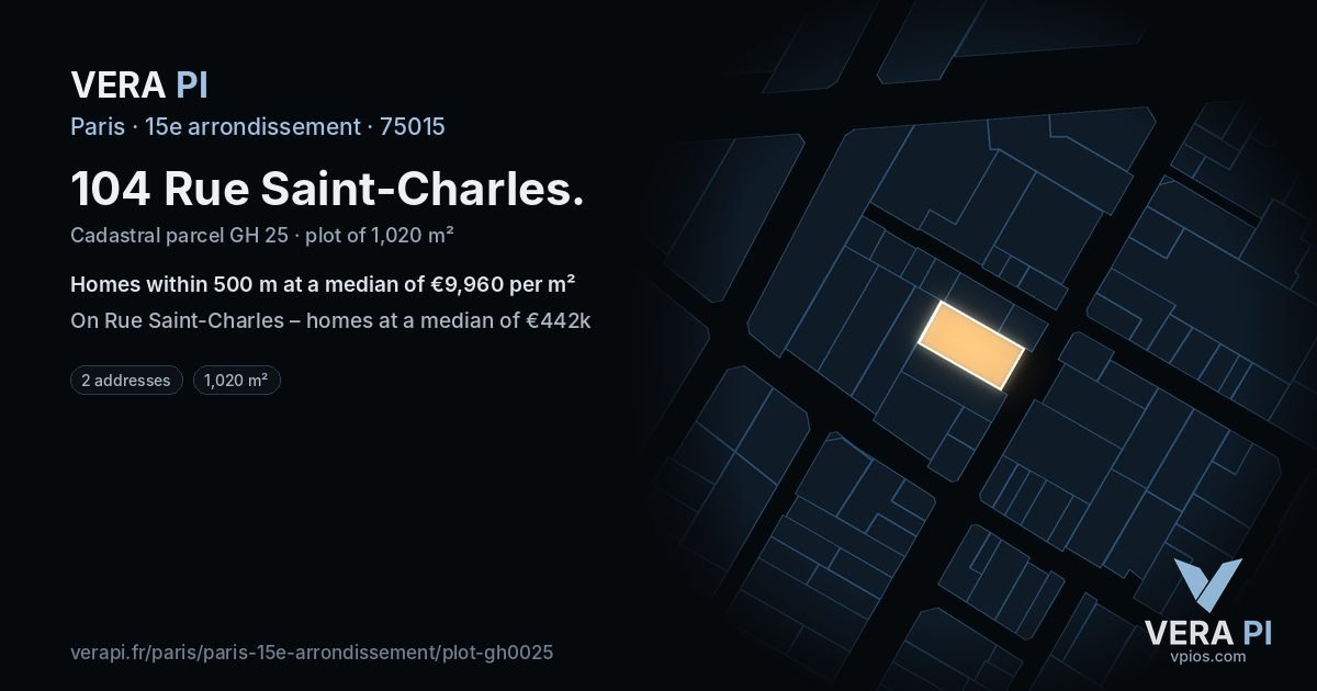 104 Rue Saint-Charles, 15e arrondissement at night – the plot lit, the parcels around coloured by the prices near them