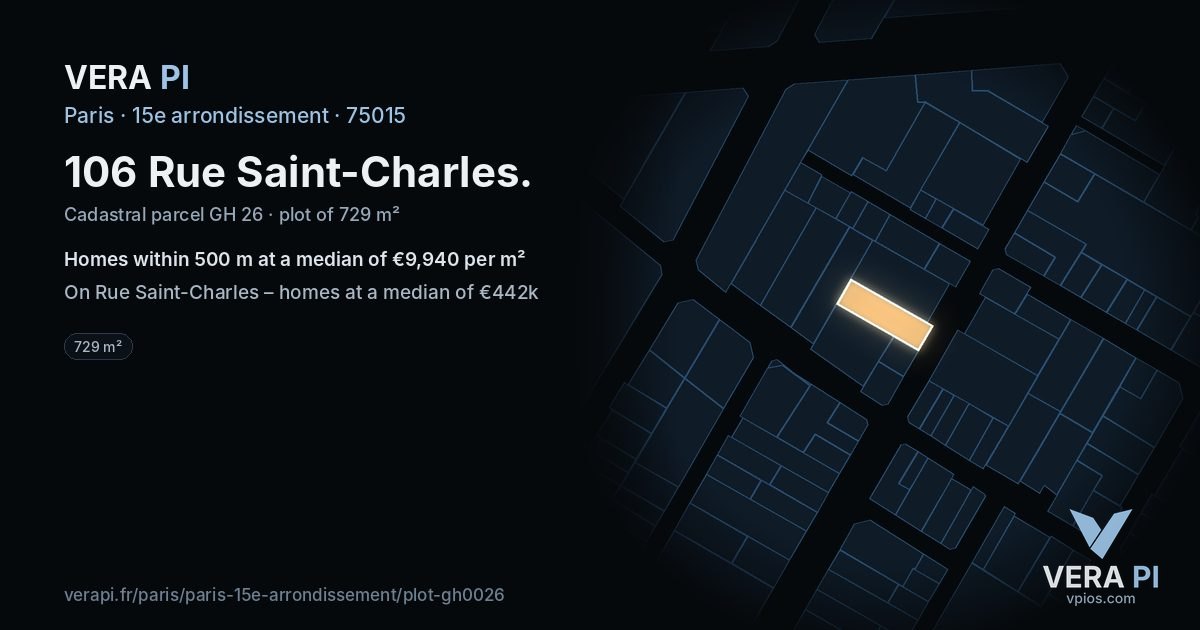 106 Rue Saint-Charles, 15e arrondissement at night – the plot lit, the parcels around coloured by the prices near them