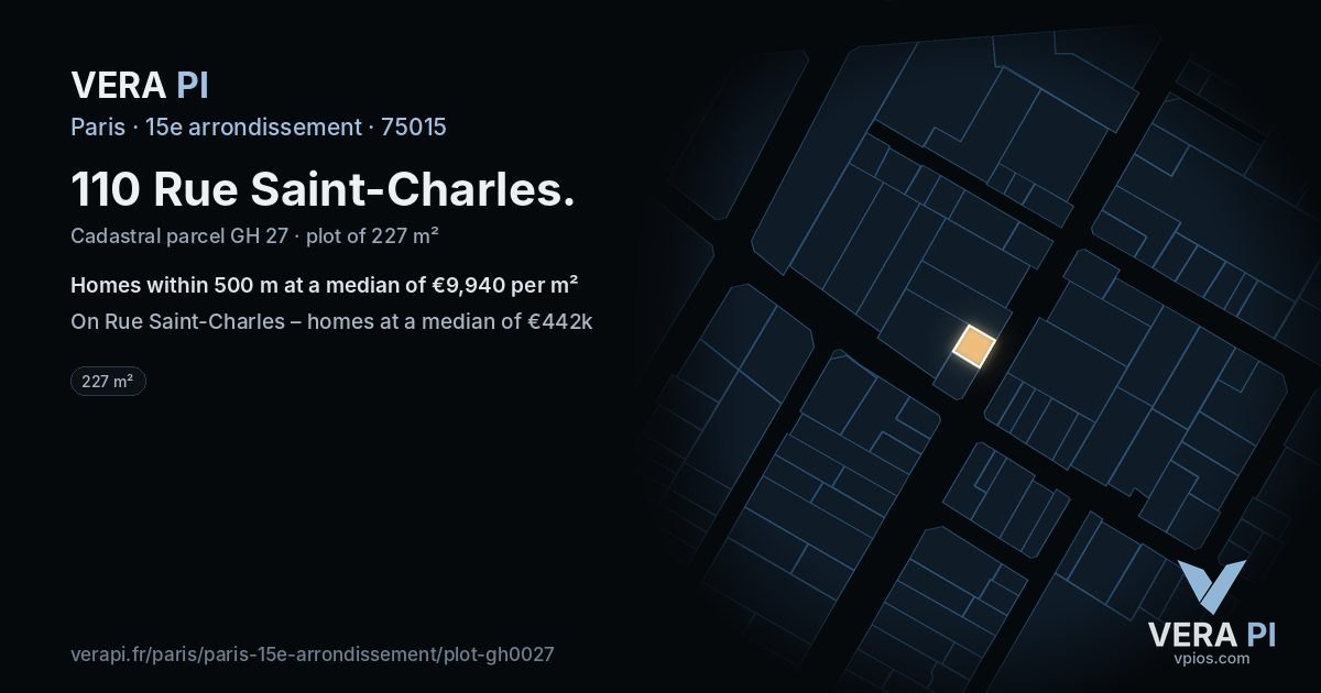 110 Rue Saint-Charles, 15e arrondissement at night – the plot lit, the parcels around coloured by the prices near them