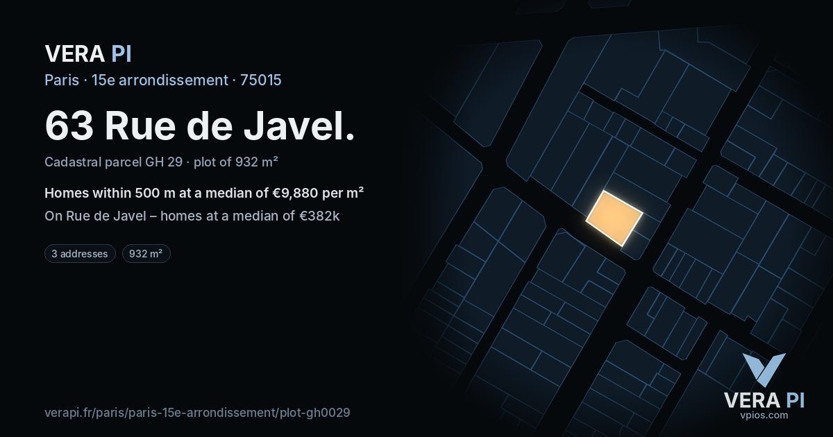 63 Rue de Javel, 15e arrondissement at night – the plot lit, the parcels around coloured by the prices near them
