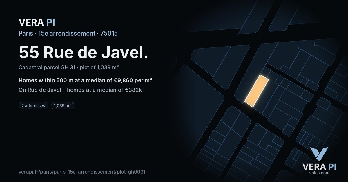55 Rue de Javel, 15e arrondissement at night – the plot lit, the parcels around coloured by the prices near them