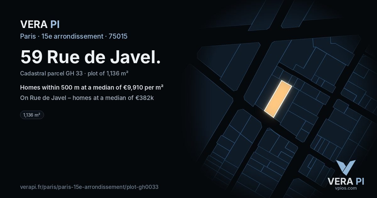 59 Rue de Javel, 15e arrondissement at night – the plot lit, the parcels around coloured by the prices near them