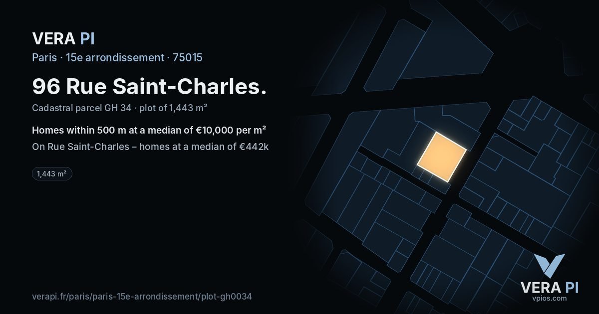 96 Rue Saint-Charles, 15e arrondissement at night – the plot lit, the parcels around coloured by the prices near them