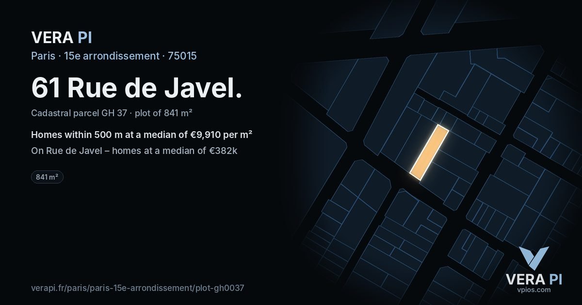 61 Rue de Javel, 15e arrondissement at night – the plot lit, the parcels around coloured by the prices near them