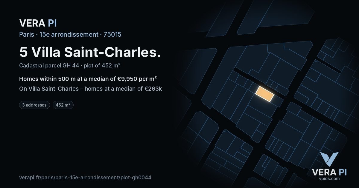 5 Villa Saint-Charles, 15e arrondissement at night – the plot lit, the parcels around coloured by the prices near them