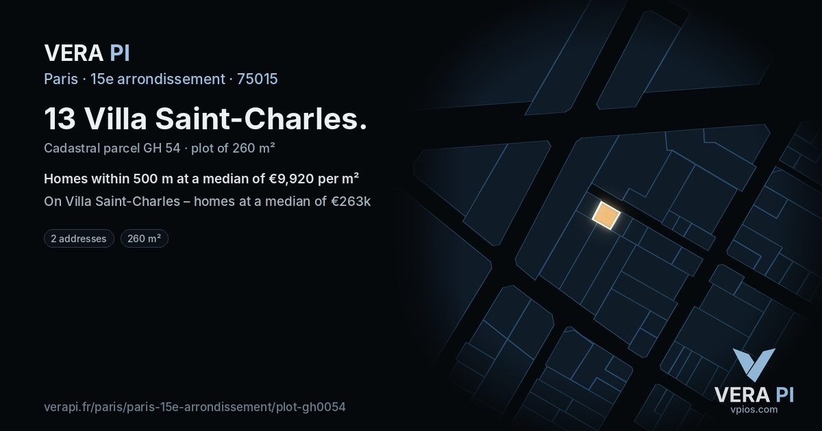 13 Villa Saint-Charles, 15e arrondissement at night – the plot lit, the parcels around coloured by the prices near them