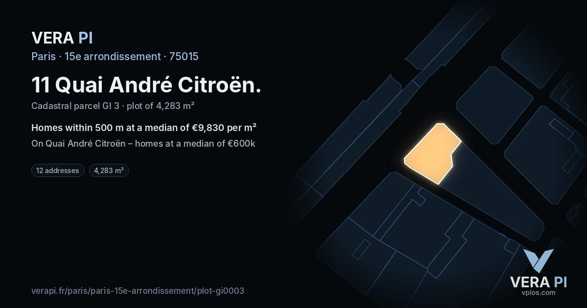 11 Quai André Citroën, 15e arrondissement at night – the plot lit, the parcels around coloured by the prices near them
