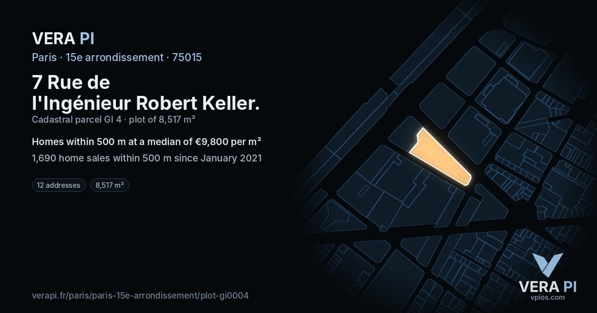 7 Rue de l'Ingénieur Robert Keller, 15e arrondissement at night – the plot lit, the parcels around coloured by the prices near them