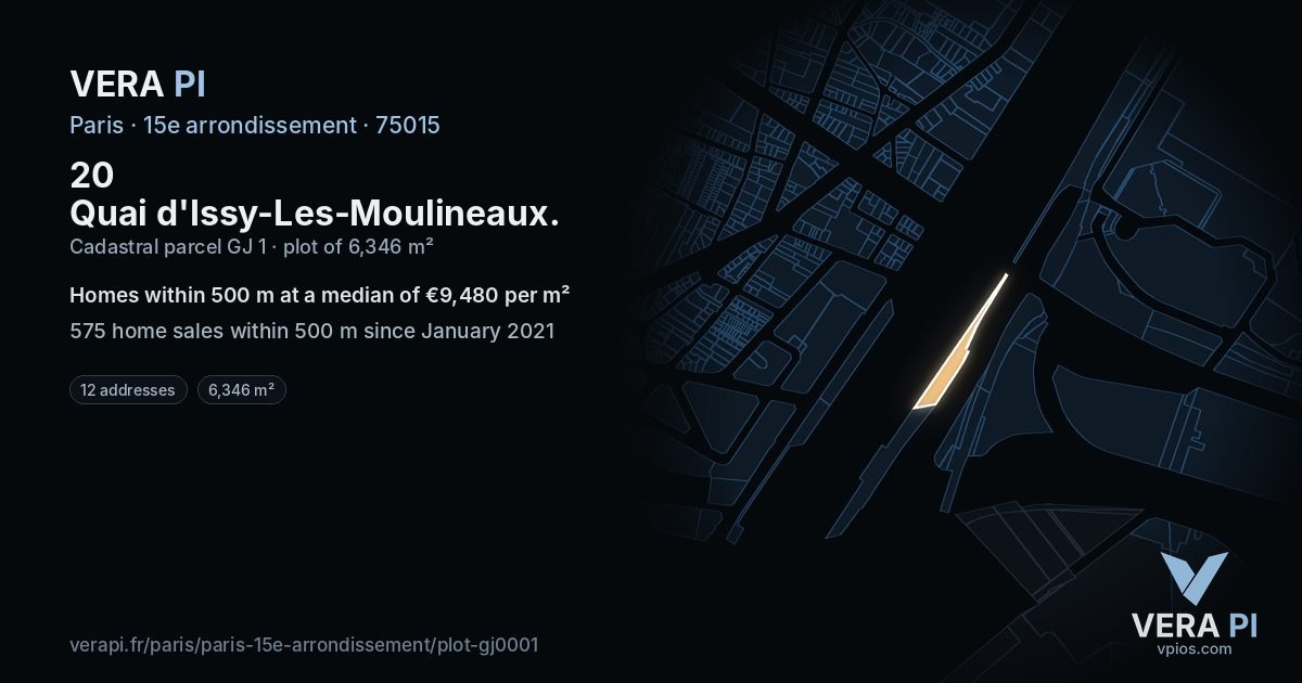 20 Quai d'Issy-Les-Moulineaux, 15e arrondissement at night – the plot lit, the parcels around coloured by the prices near them