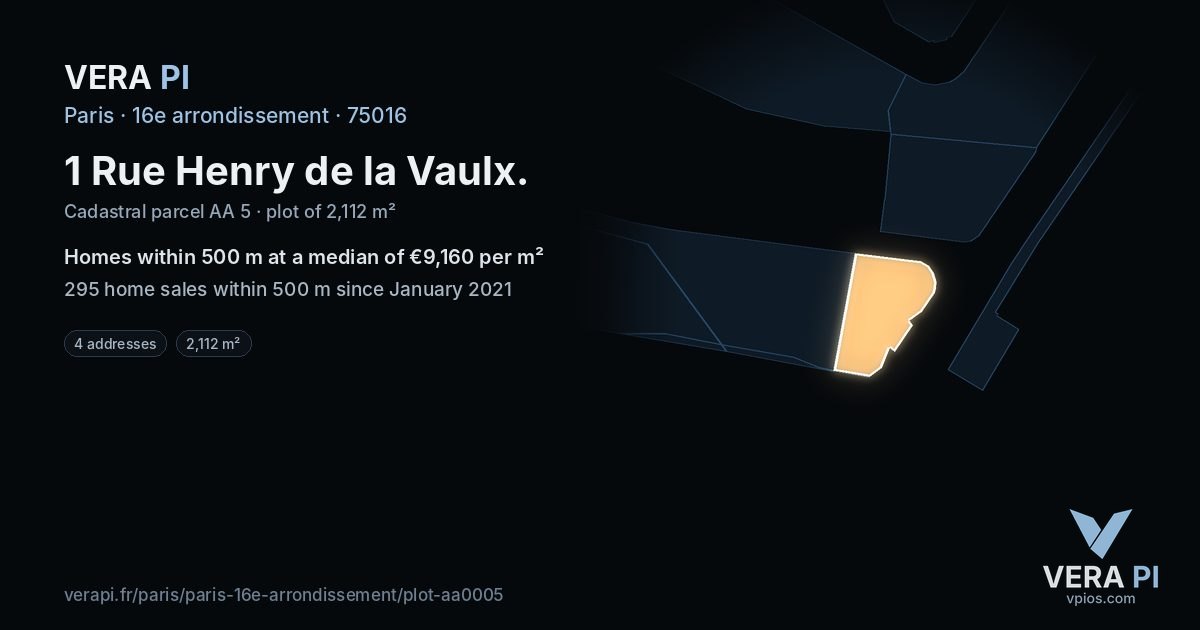 1 Rue Henry de la Vaulx, 16e arrondissement at night – the plot lit, the parcels around coloured by the prices near them