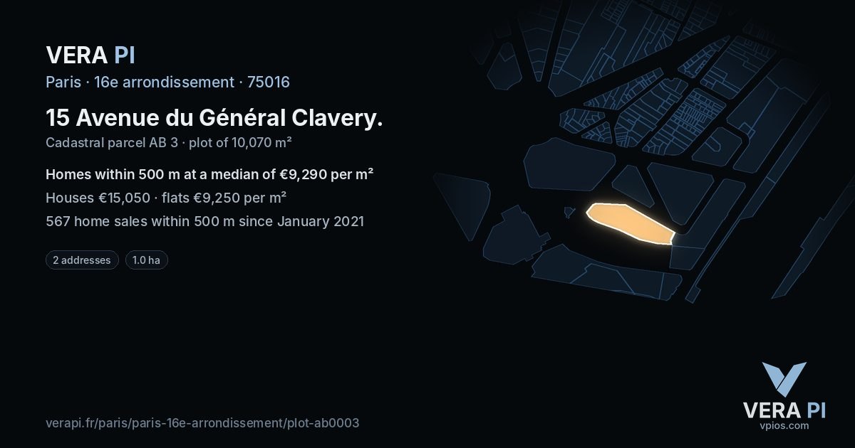 15 Avenue du Général Clavery, 16e arrondissement at night – the plot lit, the parcels around coloured by the prices near them