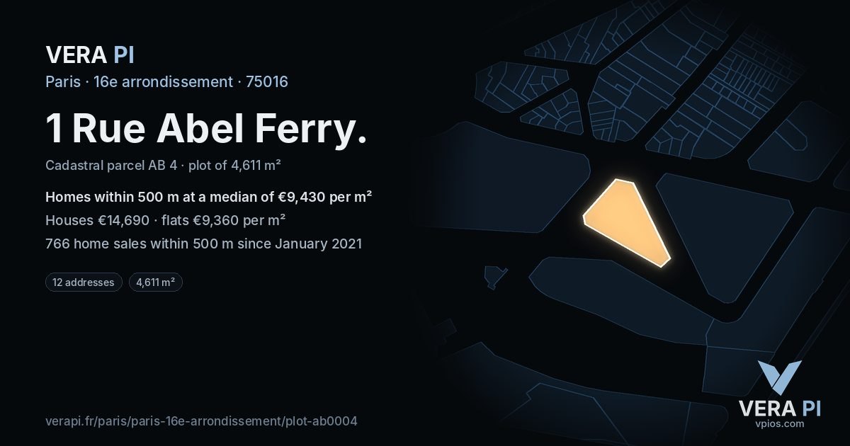 1 Rue Abel Ferry, 16e arrondissement at night – the plot lit, the parcels around coloured by the prices near them