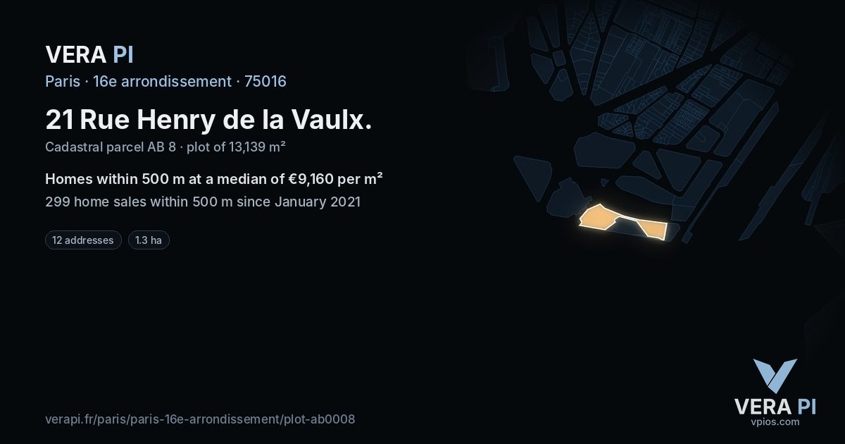 21 Rue Henry de la Vaulx, 16e arrondissement at night – the plot lit, the parcels around coloured by the prices near them