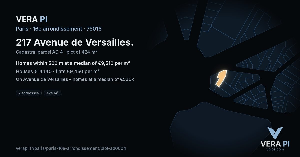 217 Avenue de Versailles, 16e arrondissement at night – the plot lit, the parcels around coloured by the prices near them