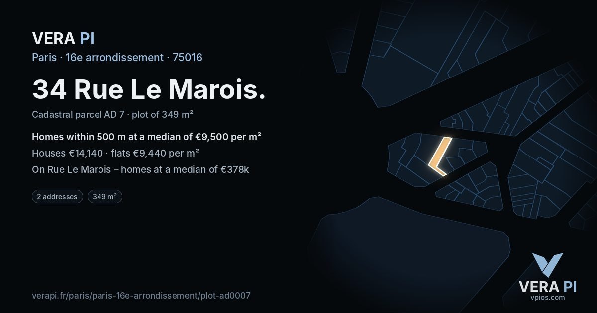 34 Rue Le Marois, 16e arrondissement at night – the plot lit, the parcels around coloured by the prices near them