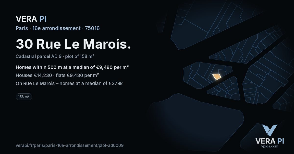 30 Rue Le Marois, 16e arrondissement at night – the plot lit, the parcels around coloured by the prices near them