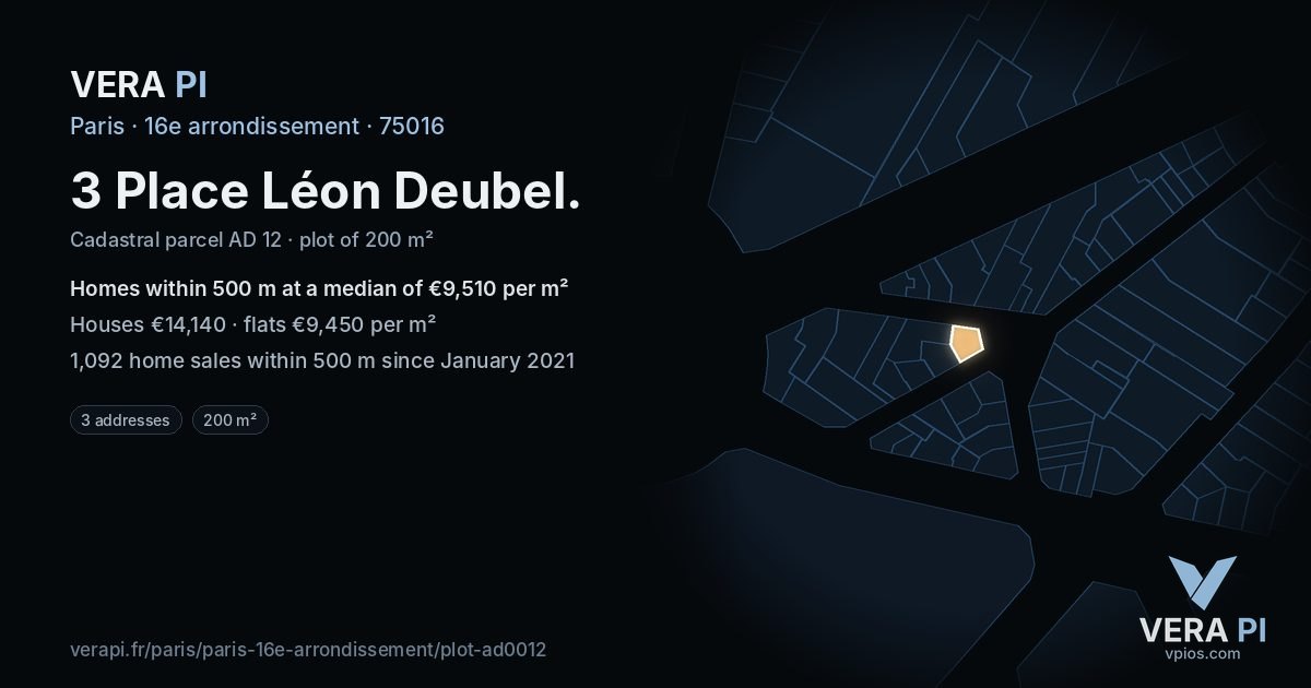 3 Place Léon Deubel, 16e arrondissement at night – the plot lit, the parcels around coloured by the prices near them