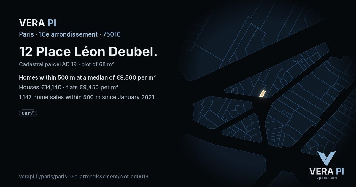 12 Place Léon Deubel, 16e arrondissement at night – the plot lit, the parcels around coloured by the prices near them