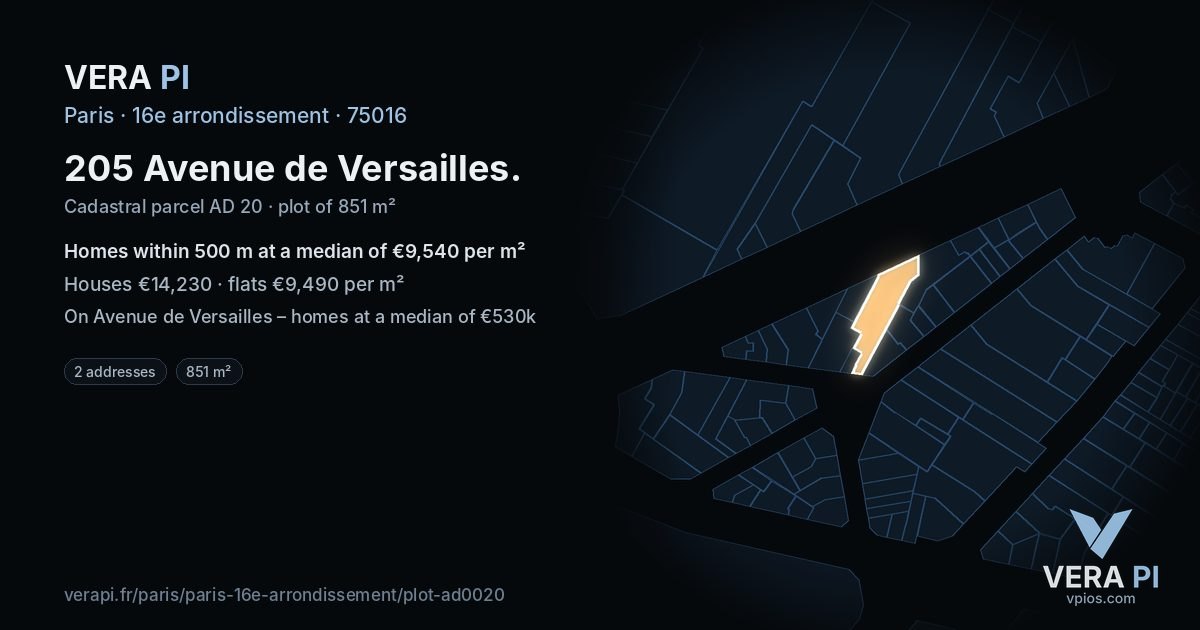 205 Avenue de Versailles, 16e arrondissement at night – the plot lit, the parcels around coloured by the prices near them