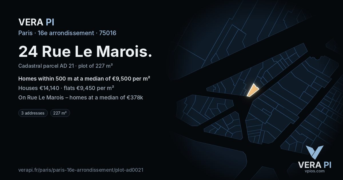24 Rue Le Marois, 16e arrondissement at night – the plot lit, the parcels around coloured by the prices near them