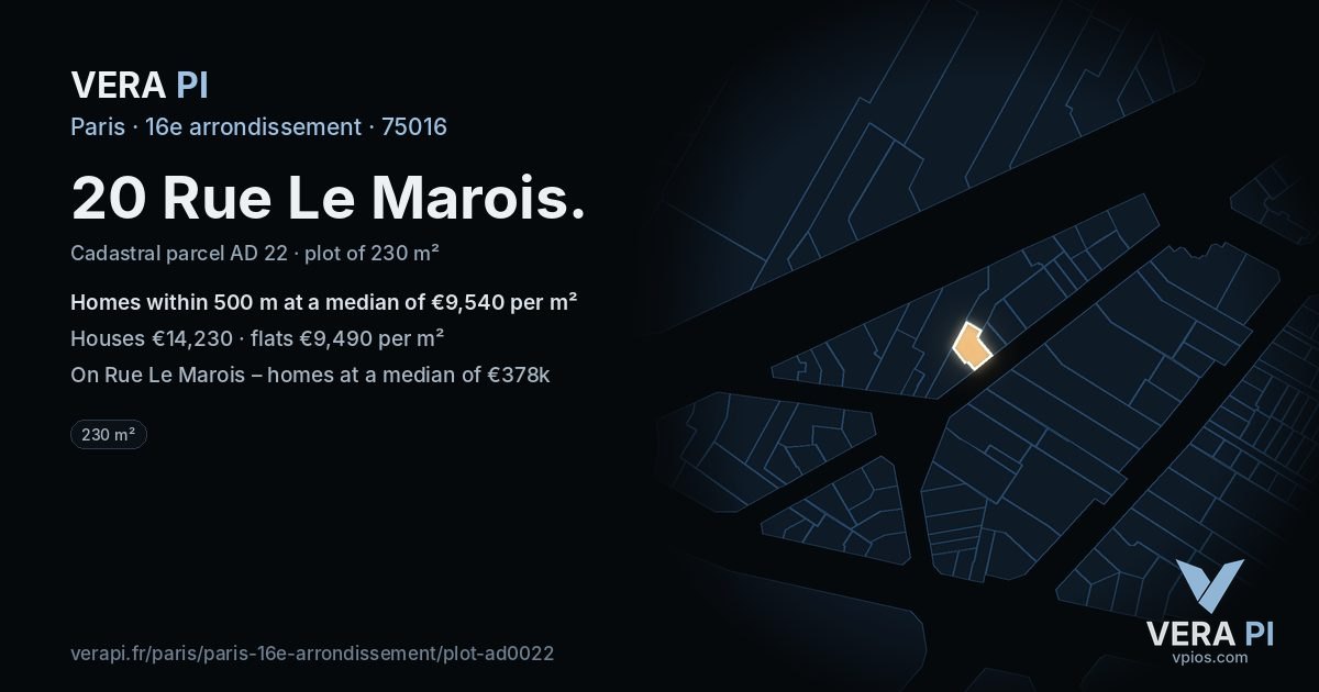 20 Rue Le Marois, 16e arrondissement at night – the plot lit, the parcels around coloured by the prices near them