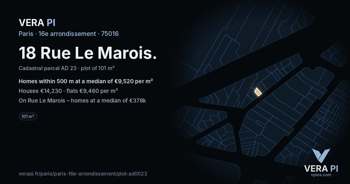 18 Rue Le Marois, 16e arrondissement at night – the plot lit, the parcels around coloured by the prices near them