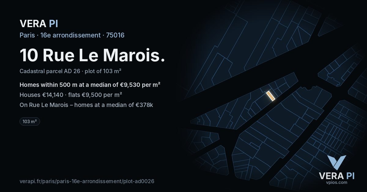 10 Rue Le Marois, 16e arrondissement at night – the plot lit, the parcels around coloured by the prices near them