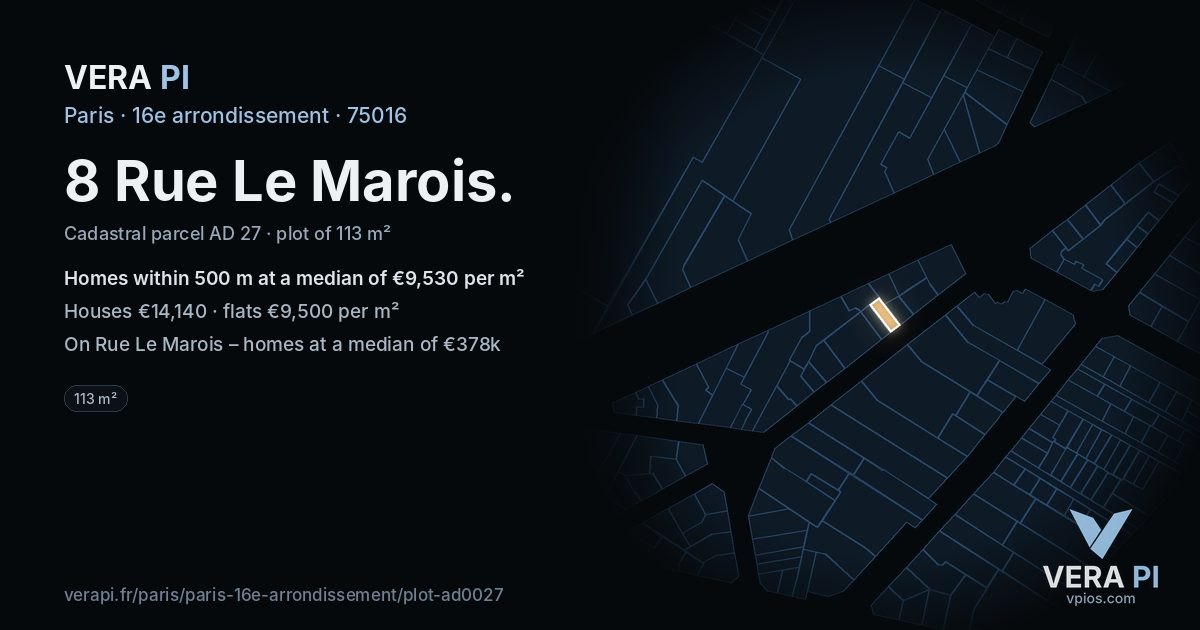 8 Rue Le Marois, 16e arrondissement at night – the plot lit, the parcels around coloured by the prices near them