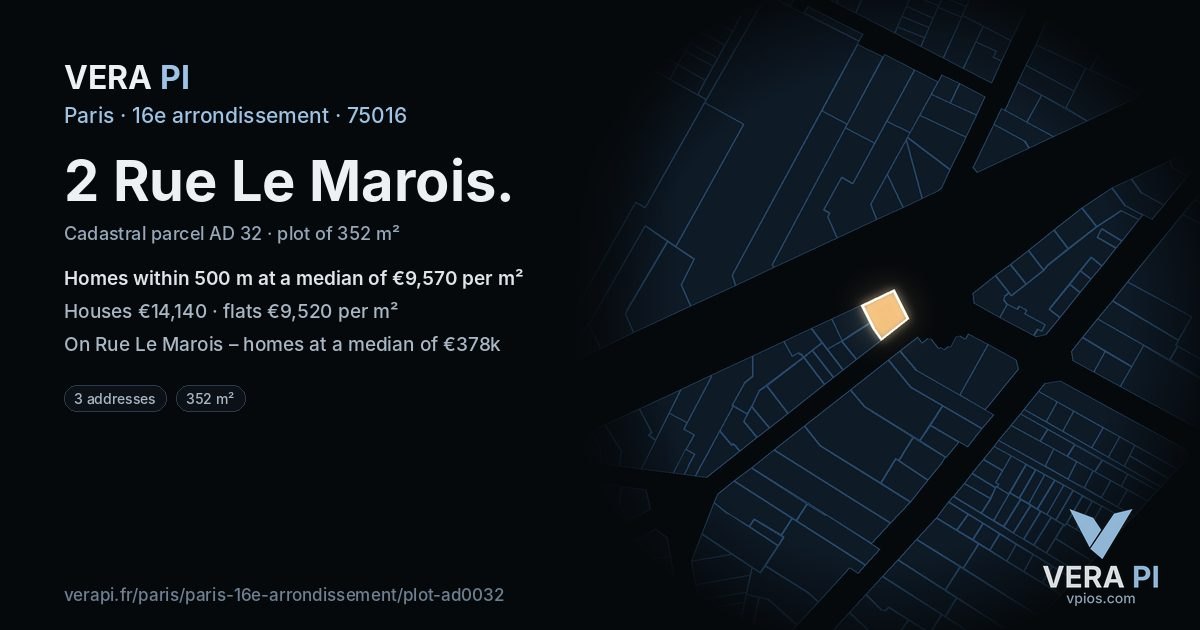 2 Rue Le Marois, 16e arrondissement at night – the plot lit, the parcels around coloured by the prices near them