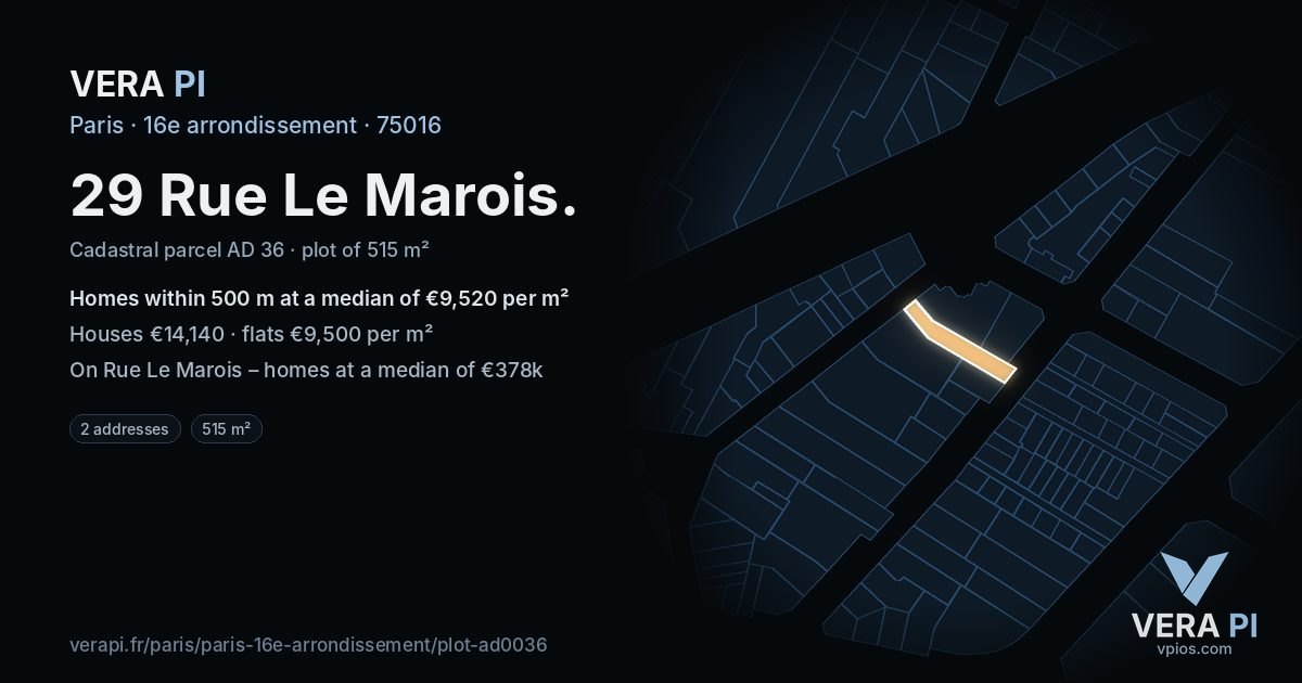 29 Rue Le Marois, 16e arrondissement at night – the plot lit, the parcels around coloured by the prices near them