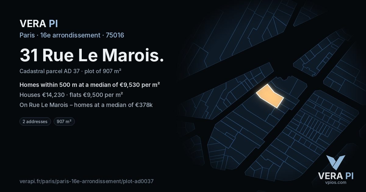31 Rue Le Marois, 16e arrondissement at night – the plot lit, the parcels around coloured by the prices near them
