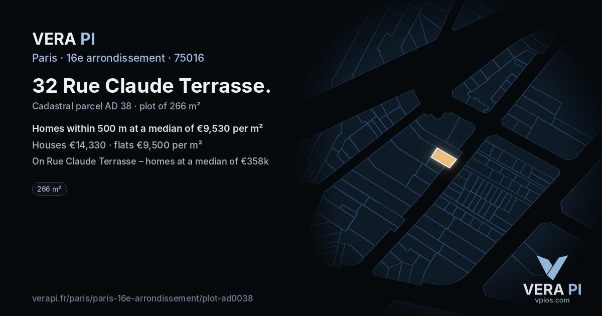 32 Rue Claude Terrasse, 16e arrondissement at night – the plot lit, the parcels around coloured by the prices near them